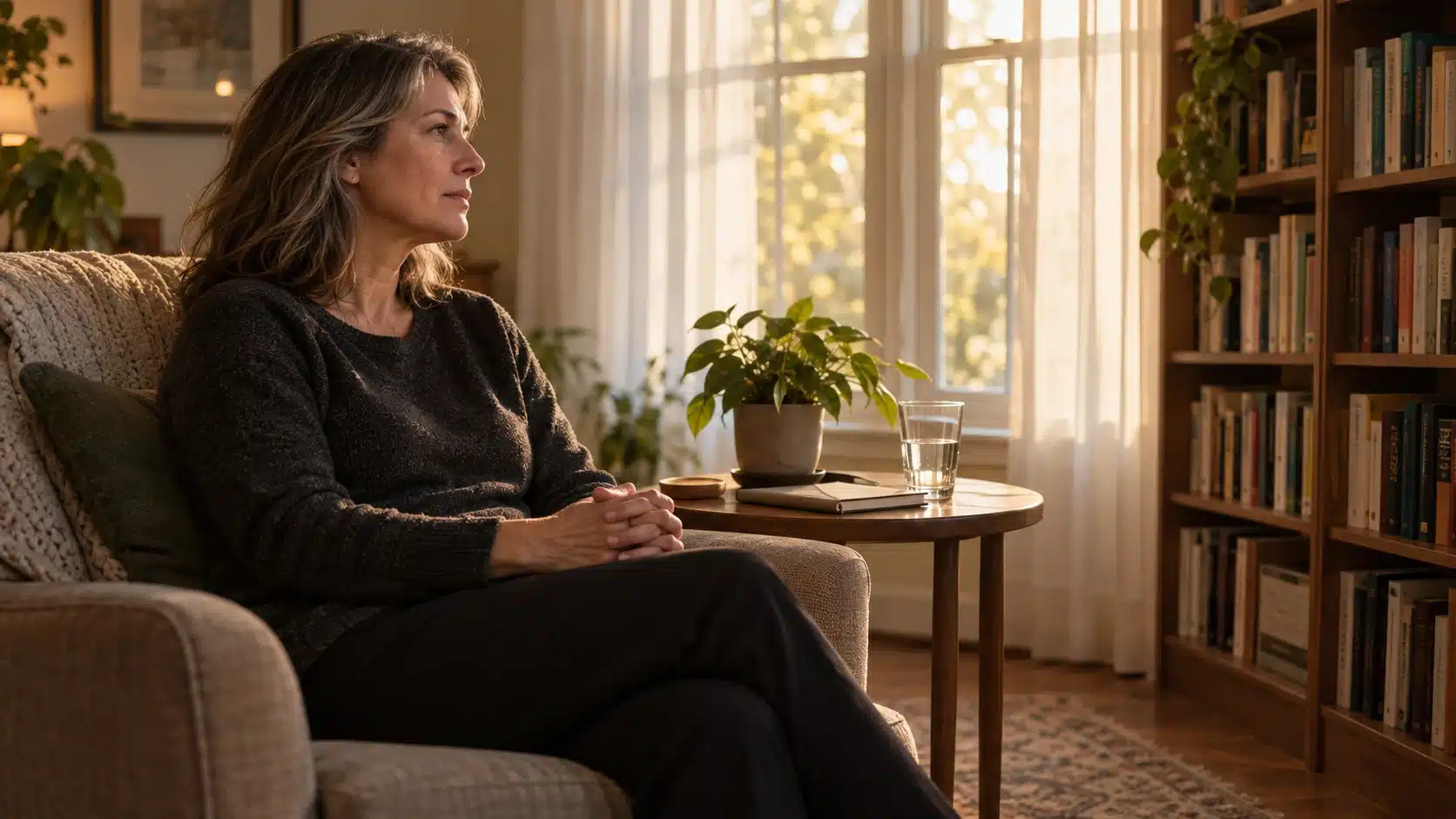 Middle-aged woman sitting thoughtfully in an armchair beside a sunlit window, with a notebook, glass of water, potted plant, and bookshelf nearby