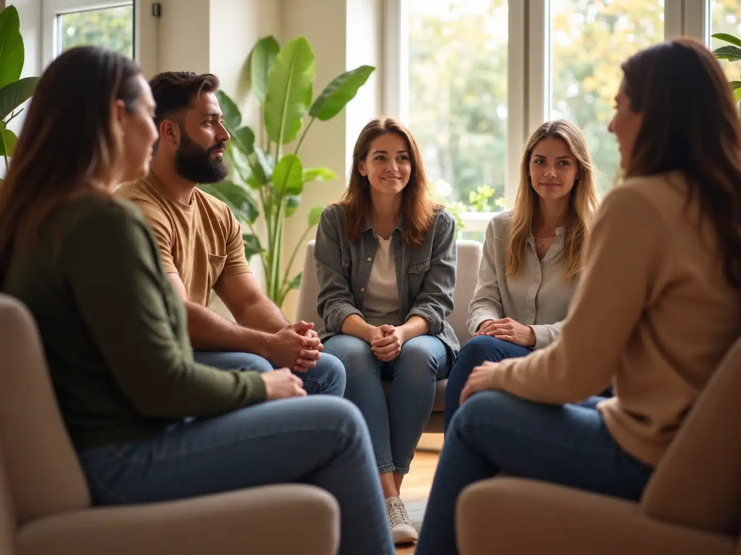 Five adults sitting together in a bright, welcoming room during a supportive group discussion.